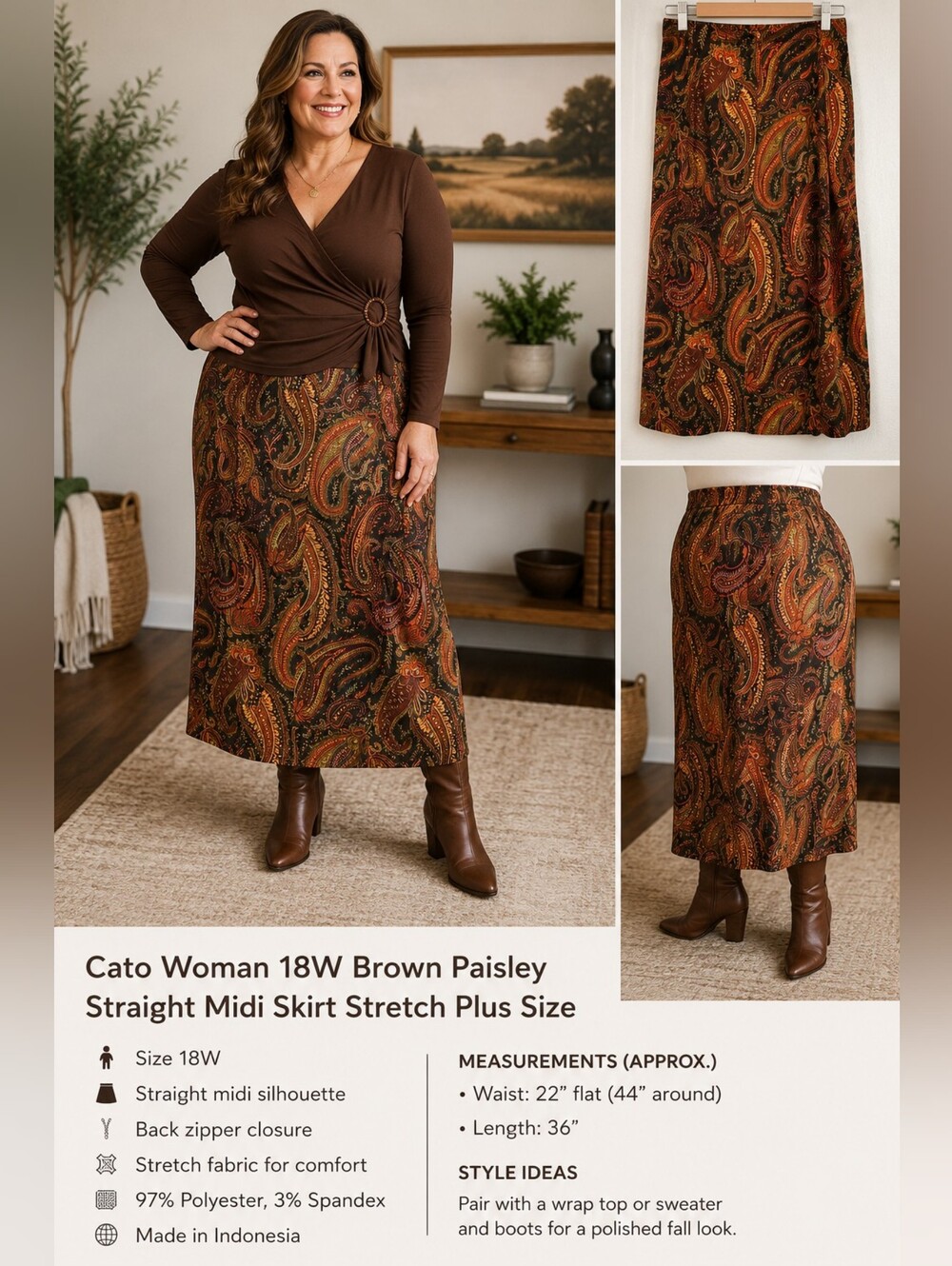 Cato Woman 18W Brown Paisley Straight Midi Skirt Stretch Plus Size Career